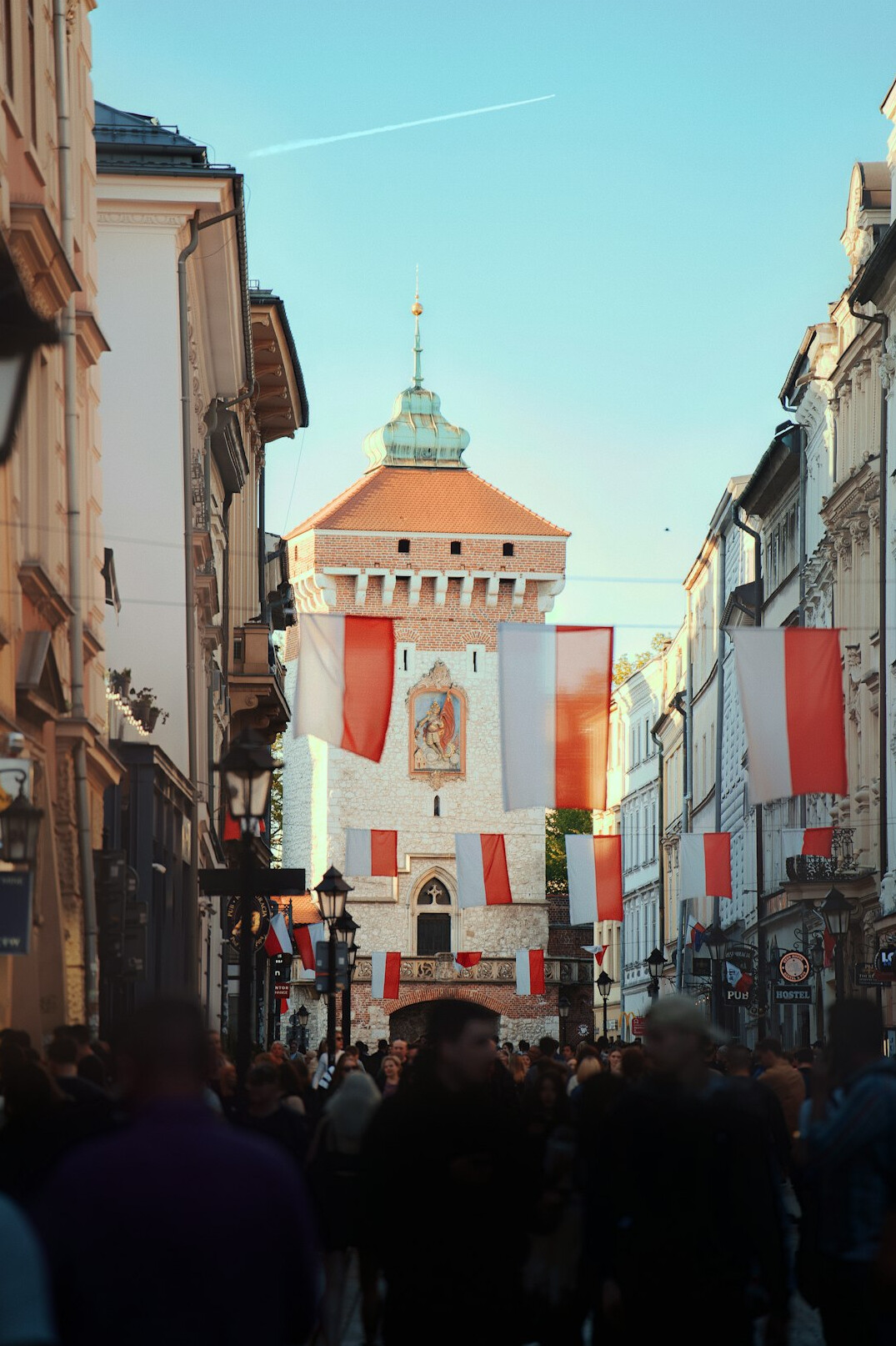 Historic town square with cobblestone streets in Poland